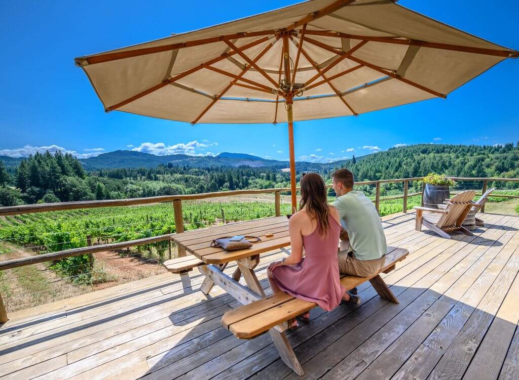 A couple enjoying a picnic at Lumos Winery on a clear sunny day.